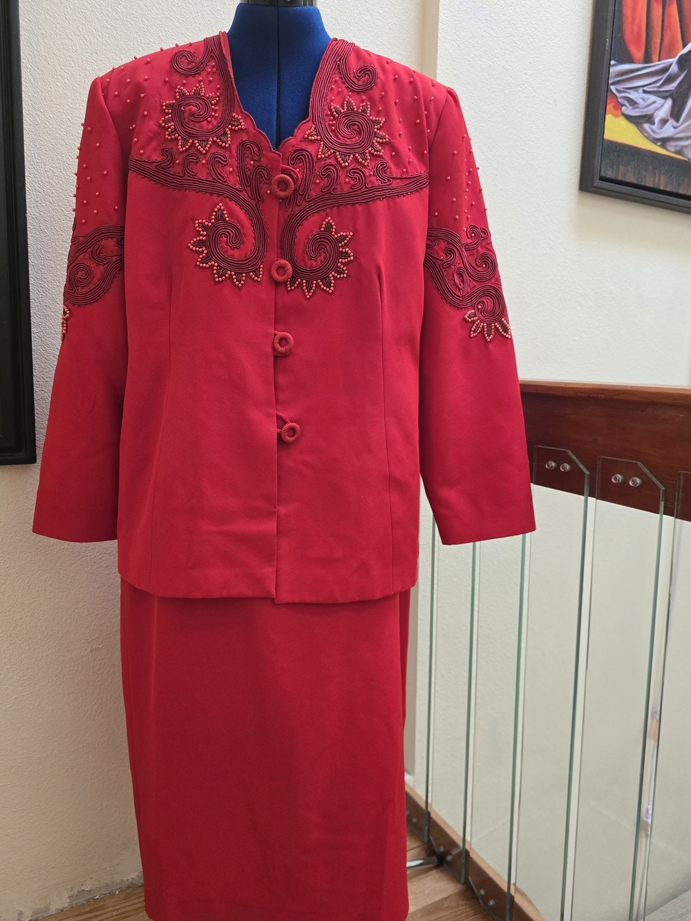 VTG Ben Marc International 2pc Red Skirt Suit Set Beaded Pearl Sz 18 80s 90s